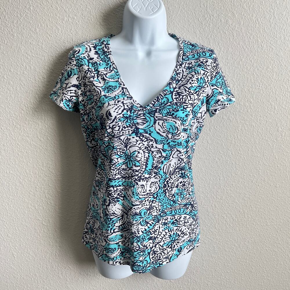 Lilly Pulitzer Michele V-neck Top in Shorely Blue Hippy Hippy Shake Women's S